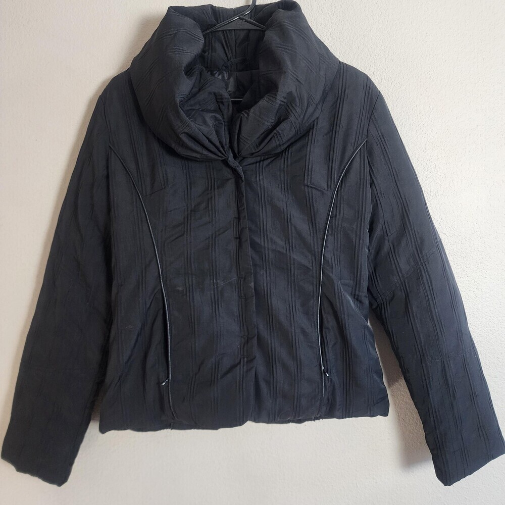 Via Spiga Jacket Womens Small Black Down Puffer Funnel Collar Zip Pockets